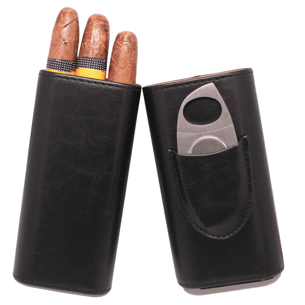AMANCY Soft Leather Cigar Case - Travel Humidor Accessories with Cutter and Small Humidifier - 3-Finger Portable Cigar Carrying Case, Black