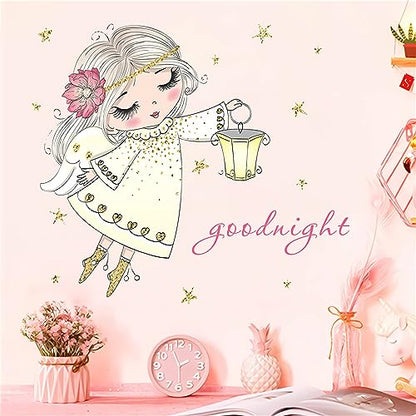 Cute Pink Little Angel Girl Wall Stickers, sacinora Cartoon Good Night Wall Decals Removable Vinyl Peel and Stick for Nursery Kids Baby Children's Room Living Room Bedroom Playroom Art Decorations