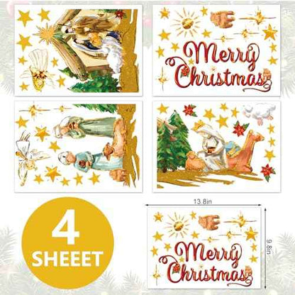 Christmas Wall Stickers Nativity Scene Wall Decals Large Holy Night Room Mural Stickers for Home Party Decor, 9.8 x 13.8 Inch, 4 Sheets