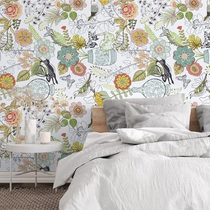 Decoroom Boho Floral Peel and Stick Wallpaper, Ainmals Birds Flower Contact Paper, Thicken Self Adhesive Removable Green Wall Paper for Wall Shelf Liner Drawer 17.7" X 118"