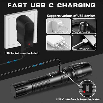 PHIXTON Rechargeable Flashlights High Lumens, USB C Chargeable LED Flashlight, Bright Strong Handheld Flash Lights, Long Lasting, Adjustable Focus, 5 Modes, for Emergencies Hiking Gift