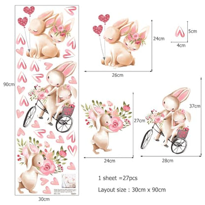 Cute Pink Bunny Love Pattern Wall Stickers, sacinora Little Rabbit Cartoon Animal DIY Wall Decals Removable Vinyl Peel and Stick for Kids Baby Girl Nursery Bedroom Toddler Room Kindergarten Decoration