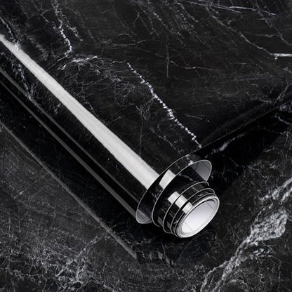 Anmon Black Marble Contact Paper, Glossy Black Marble Wallpaper Waterproof 15.7''X118'' for Countertops, Self-Adhesive Removable Vinyl Wallpaper Thicken and Not Tearing for Cabinets, Kitchen