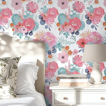 WENMER Floral Peel and Stick Wallpaper, Pink/Green/White Peony Wallpaper, Floral Contact Paper for Desk, Self Adhesive Vinyl Wall Paper for Bedroom Kitchen Classroom Furniture 17.7" x 118"