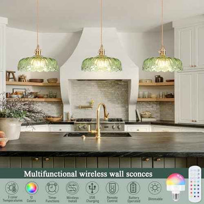 Battery Operated Pendant Light,Vintage Light Fixtures RGB Light Bulb 2500mAh 9.4in Green Modern Chandelier with Remote Control Wireless Adjustable Rechargeable Chandelier for Kitchen Island 1Light