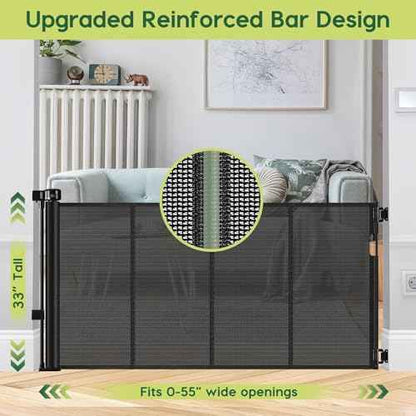 Reinforced 55" Wide Retractable Baby Gates with Reinforced Strips, Indoor/Outdoor Retractable Dog Gate for Doorway Prevent Bottom Drilling Through, No Bottom Bar Safety Mesh Baby Gate for Stair, Black