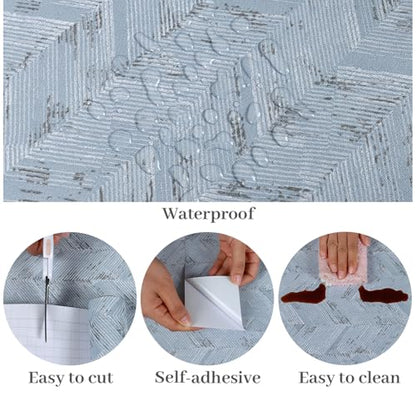 VaryPaper Light Blue Grasscloth Peel and Stick Wallpaper Herringbone Fabric Wallpaper Waterproof Self Adhesive Grass Cloth Contact Paper Removable Vinyl Wall Paper for Bedroom Cabinets 15.7''x78.7''