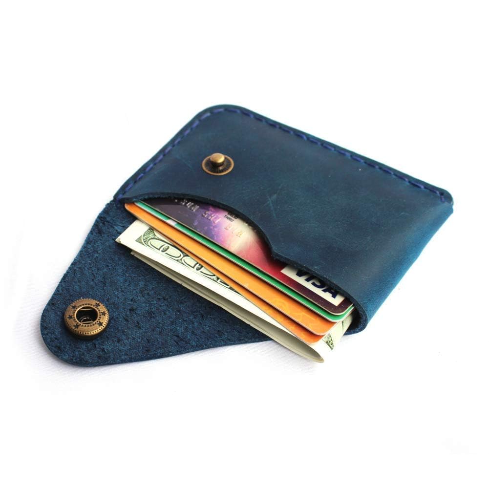 Handmade Leather Card Holder with Snap Closure - Ultra-Thin Minimalist Front Pocket Wallet, Hand-Stitched Genuine Leather Simple Card Case for Men & Women(Blue)