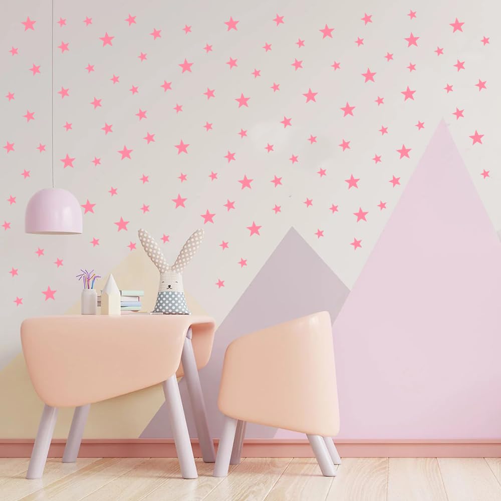 Wall Decals Baby Pink Stars for Kids Room, 3-4-5centimeter Mix 112 Pcs, Easy to Peel Easy to Stick, Safe On Walls and Paint, Vinyl Decor by Bugybagy. (Matte Baby Pink)