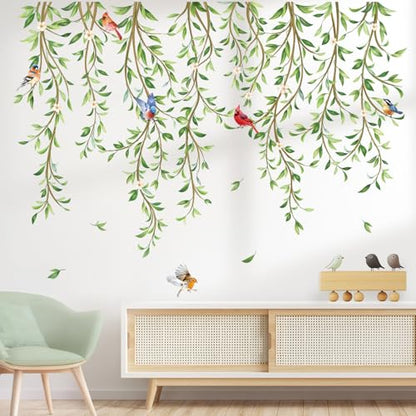 wondever Hanging Green Vine Wall Stickers Plants Leaves White Floral Birds Peel and Stick Wall Art Decals for Bedroom Living Room Sofa