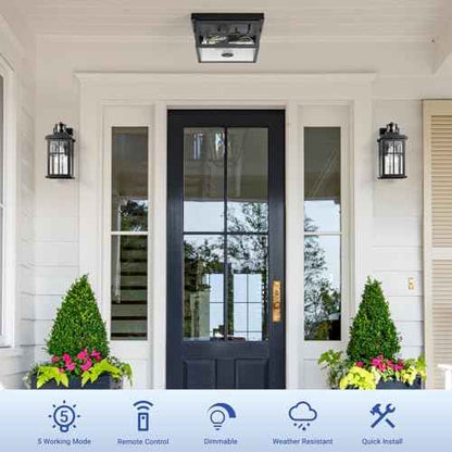 Motion Sensor Outdoor Ceiling Light with Remote, Distance and Time Adjustable Outside Flush Mount Ceiling Light, 5 Modes Porch Lights Outdoor Ceiling for Garage, Porch, Entryway, Black, Square
