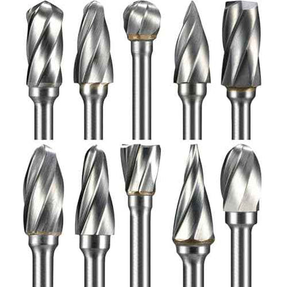 10 Pcs Carbide Burr Set 1/8" Shank Compatible with Dremel Bits Aluminum Cut (Wide-Flute Cut) Rotary Tools Attachment Kit Rasp Drill Accessories Metal Wood Stone Steel Grinding Carving Cutting