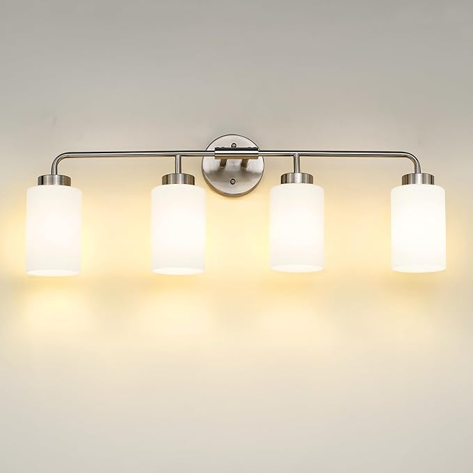 zeyu Brushed Nickel Bathroom Vanity Light, 4-Light Modern Wall Sconce Lights, Milky White Frosted Glass Shades, ZS62B-4W BN