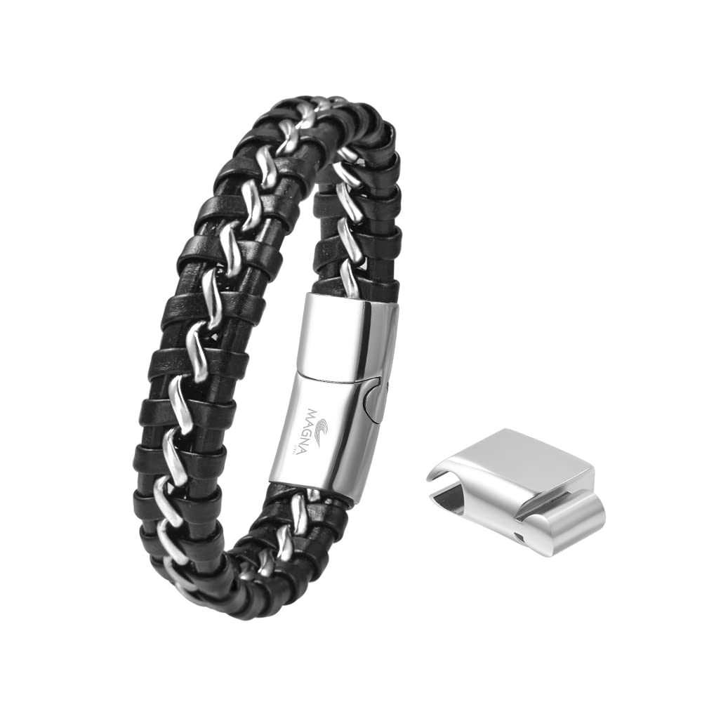 Magna Steel Men's Braided Genuine Leather Wristband Cuff Bracelet, Silver