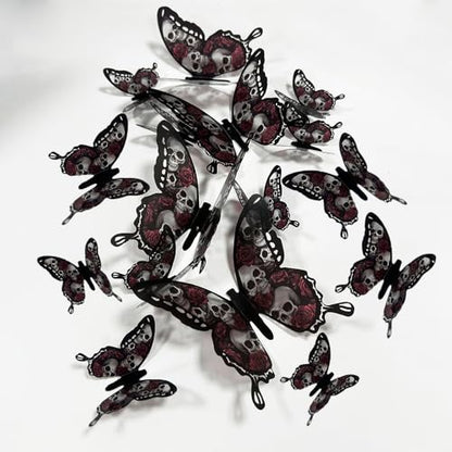 Halloween Wall Stickers 24 Pcs 3D Butterfly Wall Decals Gothic Black Red Butterfly Wall Decor Halloween Party Supplies for Bedroom Room Door Window Fireplace Decoration, Skull Style