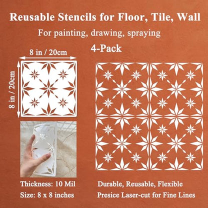 4 Pieces 8 x 8 Inches Wall Stencils Reusable Geometric Floor Tile Stencils for Painting Walls, Tiles, Floors, Concrete Patios, Front Porch, Wood, Furniture, Fabric - Snowflake Pattern