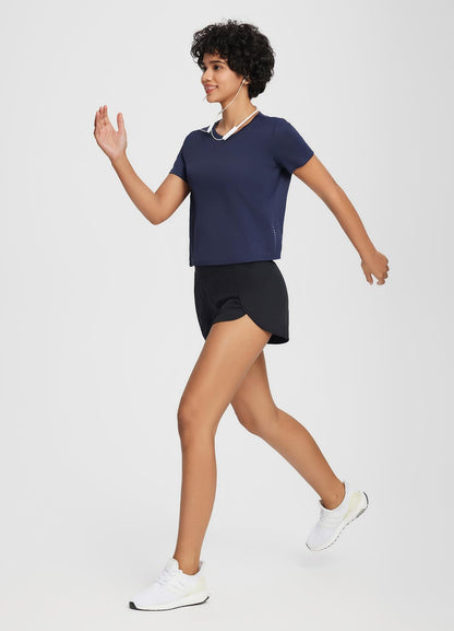 baleaf Women's Athletic Sun Shirts Short Sleeve Running Tops Workout Cropped Split Back Gym UPF 50+ Quick Dry Lightweight Sun Protection Navy M
