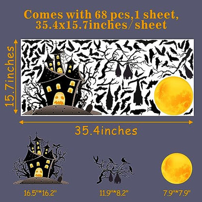 Halloween Moon Bat Wall Stickers Crow Tree Branch Decals Removable Large Halloween Castle House Bat Wall Stickers Peel and Stick Black Crows Raven Bats Decoration Party Supplies
