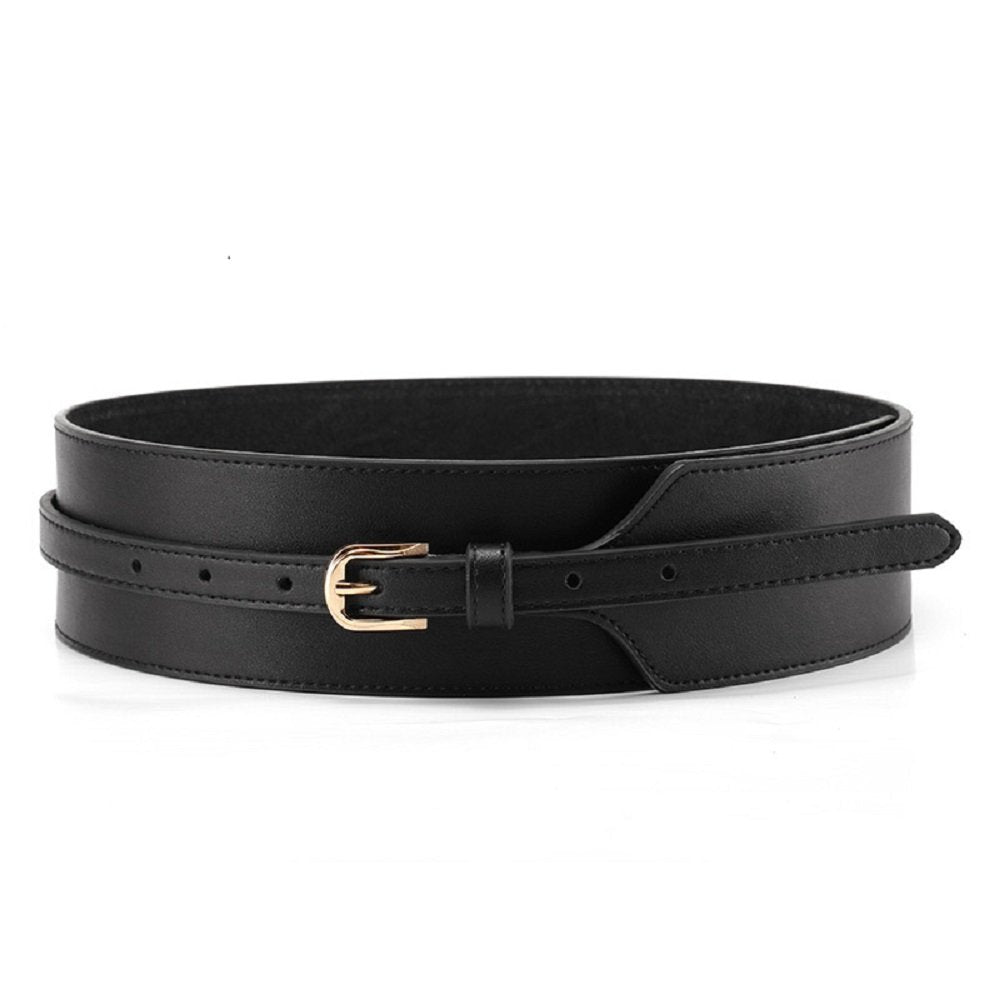 ICSTH Womens Obi Belt Vintage PU + Genuine Leather Buckle Waist Belt Fashion Wide Belts (37.4", black)
