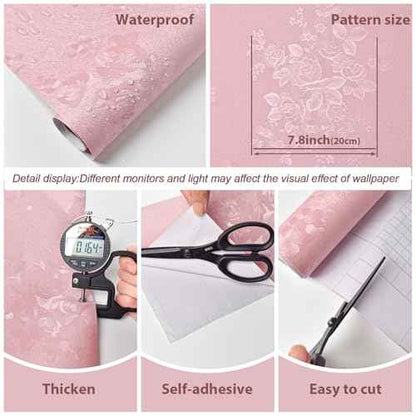 Latvo Pink Wallpaper Silk Embossed Floral Pink Contact Paper Peel and Stick 118inL 17.7inW Self Adhesive Wallpaper for Bedroom Kids Room Decor Nursery Textured Flower Contact Paper for Cabinets Liner