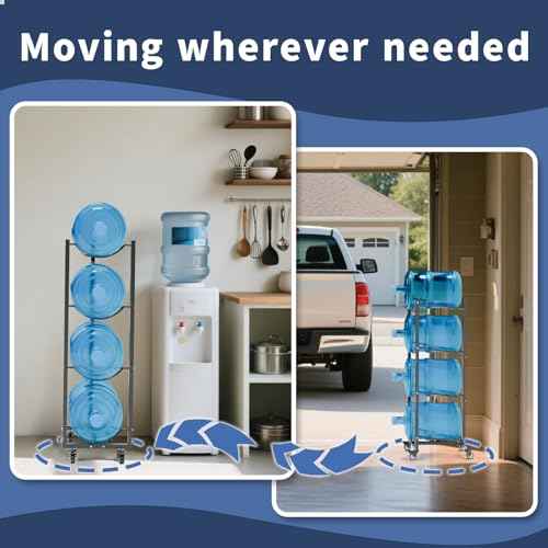 5 Gallon Water Bottle Holder: 4 Tier 5gal Water Jug Storage Rack with 4 Wheels for Home Kitchen Garage - Space Saving & Black