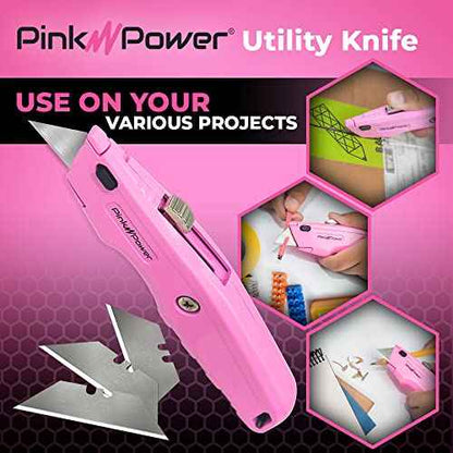 Pink Power Box Cutter Retractable, Pink Utility Knife for Carpet, Cute Box Cutter Knife Heavy Duty with 3 Blades and Storage Compartment - Opener Pocket Utility Tools for Women