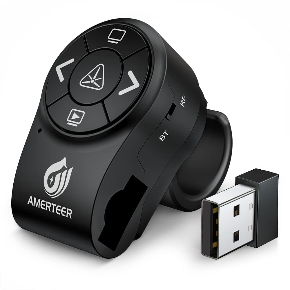 AMERTEER Bluetooth Wireless Presentation clicker for PowerPoint presentations, RF 2.4GHz Finger Ring Remote, PPT Slides Rechargeable