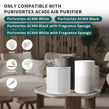 4 Packs AC400 Replacement Filter Compatible with Purivortex AC400 Air Cleaner Purifier, 3-in-1 Main Filters and Activated Carbon Filter, White