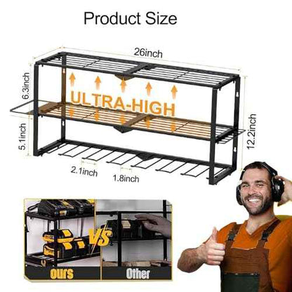 Power Tool Organizer for Tool Storage,7 Drill Holder Wall Mount and Storage Rack for Garage Organization, Heavy Duty Metal Tool Shelf for Father's day Gift