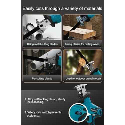 Cordless Reciprocating Saw, Battery x2, Reciprocating Saw Cordless, Variable Speed, Blades Kit for Metal/Wood/PVC Cutting, Blue