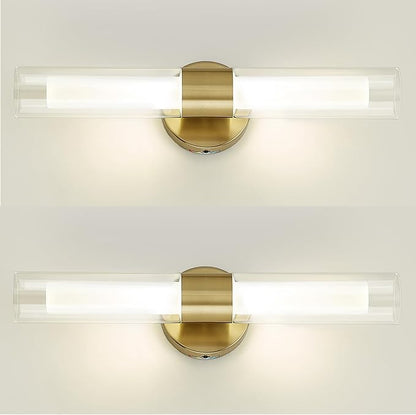 kudos Gold Modern Sconces Wall Lighting, 2Pc Wall Sconces with Clear Glass and Frosted Glass, Modern LED Vanity Light for Bathroom, 3000K/4500K/6000K Adjustable,KDVL06-GD-2-2PK