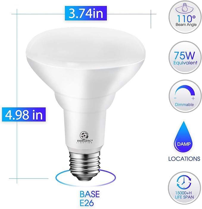 Energetic BR30 LED Recessed Light Bulb, 11W=75W, 5000K Daylight, 900LM, Dimmable Ceiling Flood Light Bulb for Cans, CRI80+, 2Pack