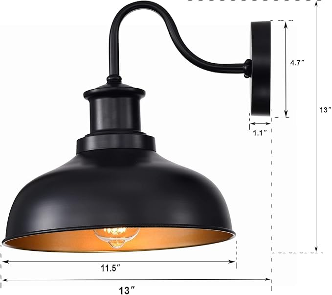 Outdoor Gooseneck Barn Lights, Farmhouse Outdoor Wall Sconces, Rustic Exterior Wall Mount Lights, Vintage Outside Lighting Fixtures, Industrial Black Gold Lanterns for Porch Garage Patio, 4 Pack