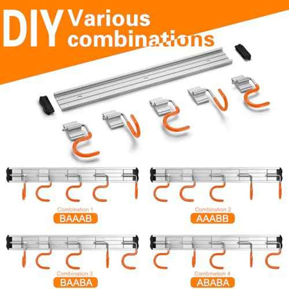 34.5'' Aluminum Alloy Garden Tool Organizer Wall Mount Garage Organizers and Storage with Hooks Tool Hangers for Shed Hooks for Shovel, Rake, Broom & More