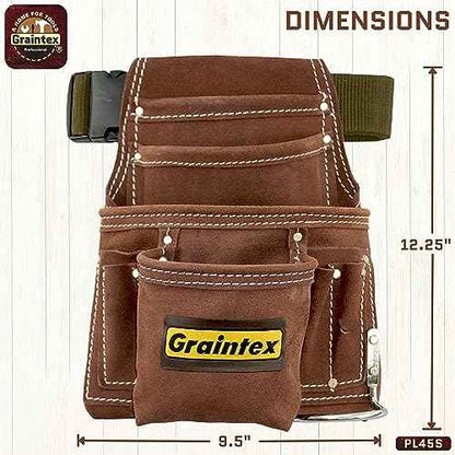 Graintex PL45S 10 Pocket Nail and Tool Pouch Suede Leather with 2" Webbing Belt
