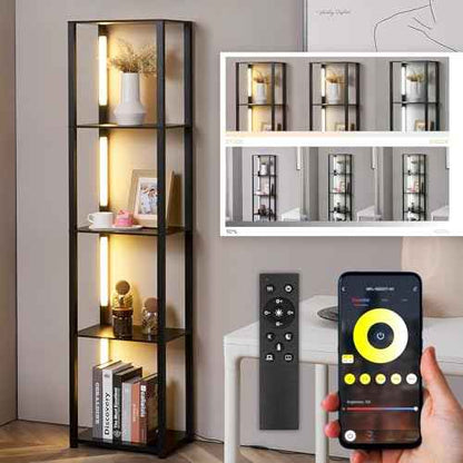 LED Floor Lamp with Shelves, Shelf Lamp with Remote for Bedroom and Living Room, Corner Display Floor Lamps with Storage, Modern Dimmable Floor Lamp with 5-Tier Open Shelve (Black)