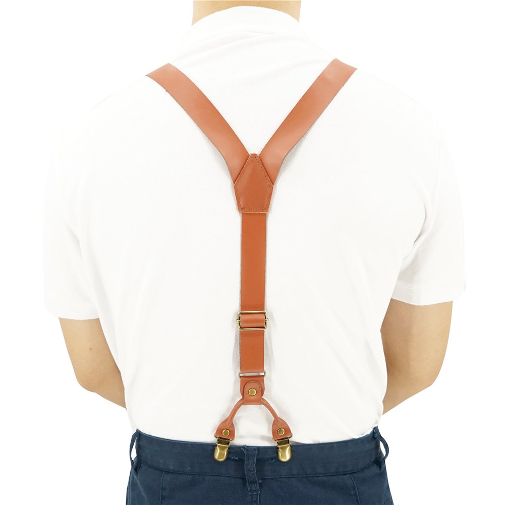 Lawevan 1 Inch Wide Suspenders for men,Soft Cattlehide Split Cow Leather,England Style, Y-shaped Adjustable 4 Braces Clips