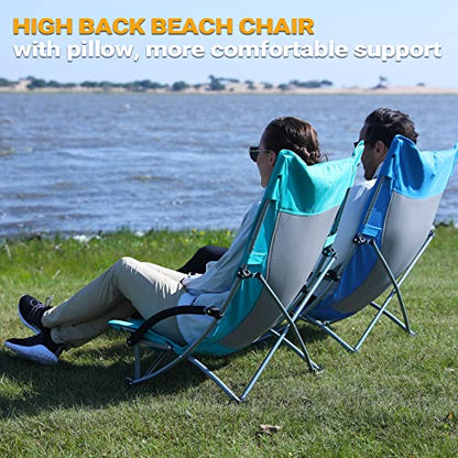 KingCamp High Back Beach Chairs for Adults, Folding Beach Chair with Cup Holder Carry Bag and Mesh Back, Blue Camping Chair for Travel Lawn Outdoor Festival