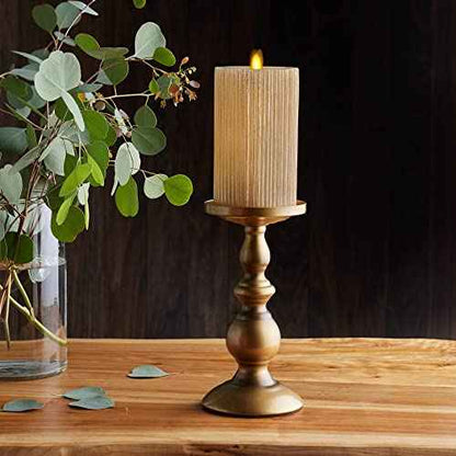 Luminara Metallic Embossed Pillar, Champagne Flameless LED Candle 3.25" x 6.5", Battery Operated Real Flame Technology w/Timer Function, Paraffin Wax
