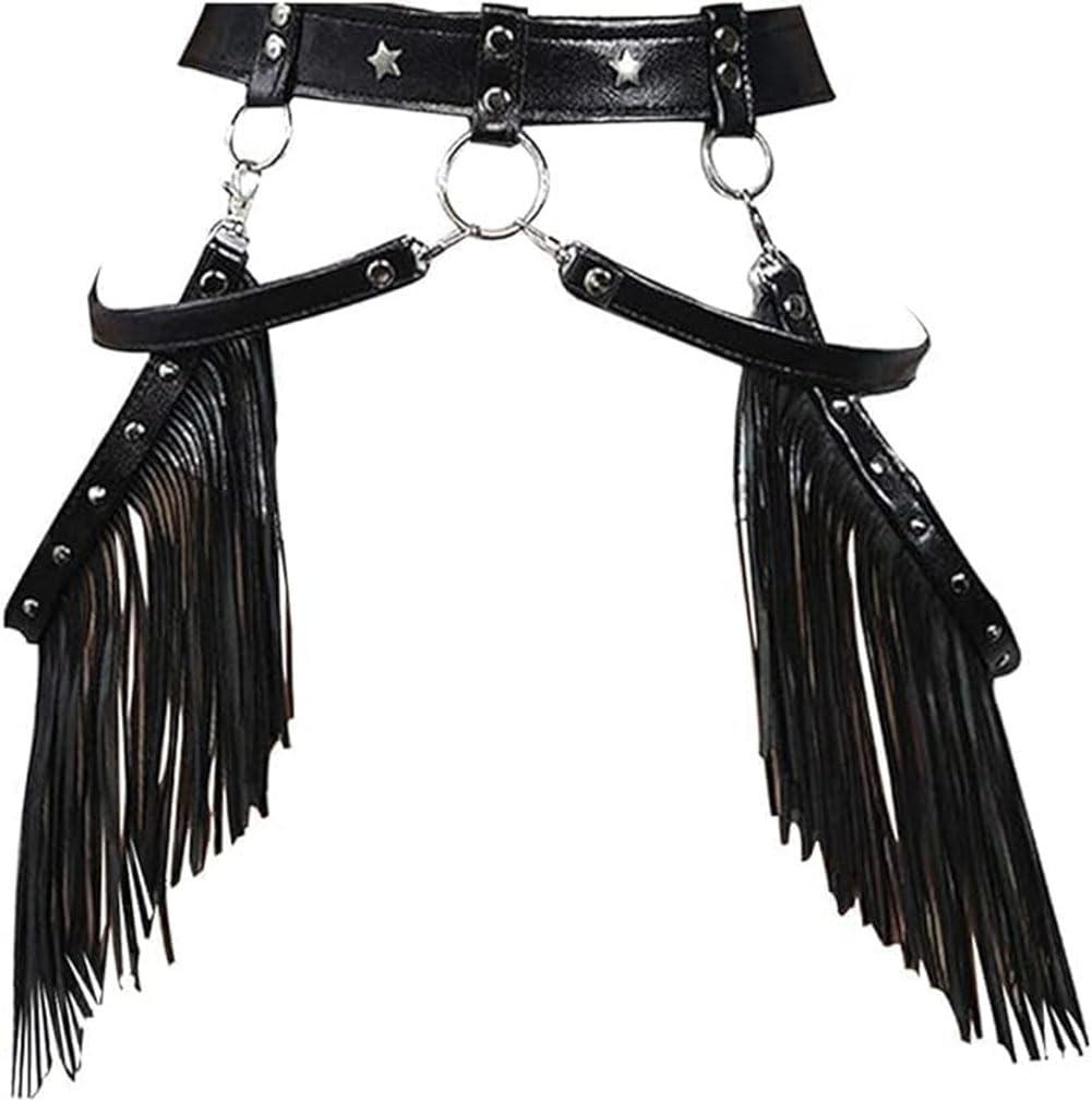Pinwe Women Body Harness Garter Punk Leather Waist Belts with Fringe Gothic Leg Tassel Belt for Dress Festival Dance Consume