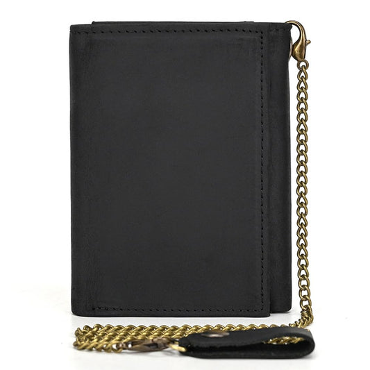 PINKPIN Mens Wallets with Chains, Genuine Leather Trifold Wallet RFID Blocking Anti-Theft Chain for Biker, Motorcycle (Black)