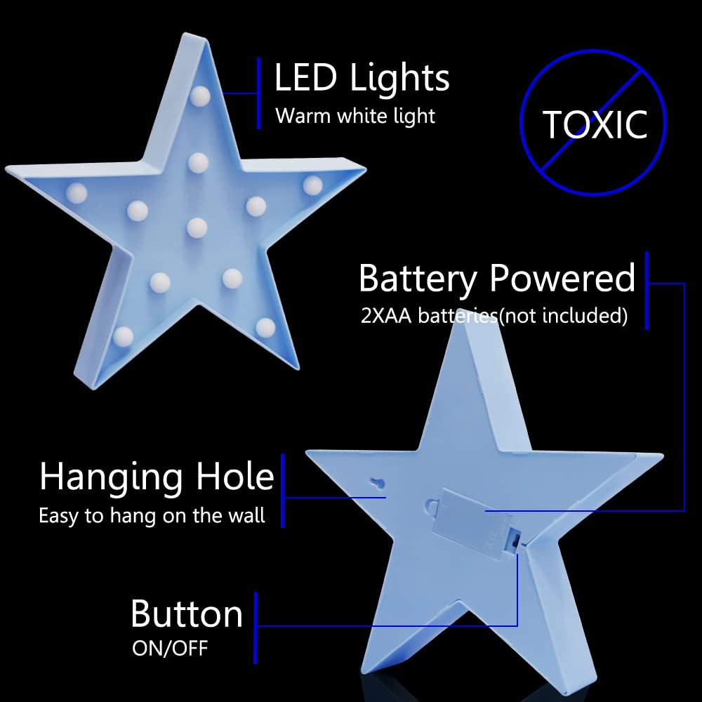 LED Marquee Star Sign Night Light, Battery Operated Star Shaped Desk Table Lamp for Kids, Baby, Child, Girl Gift, Nursery Room, Wall Decor - Blue