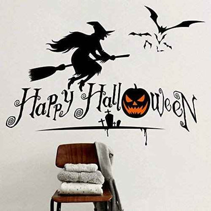 BooDecal Happy Halloween Wall Decals Stickers with Flying Witch and Bats Art Design for House Decorations Removable Halloween Series Wall Decals Stickers