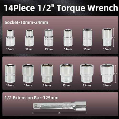 14Pcs 1/2-Inch Drive Click Torque Wrench Set 10-170 ft.lb/13.6-230.5 Nm, Dual-Direction Adjustable 72-Tooth Torque Wrench for Moto and Car Maintenance