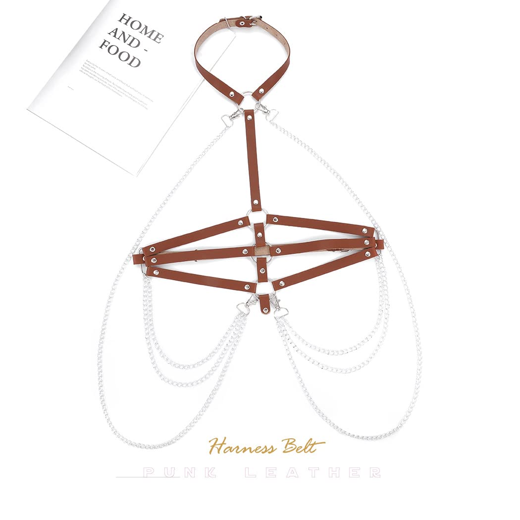 BODIY Fashion Harness Belt Plus Size Harness Waist Belts Punk Leather Body Harness for Women (Brown)