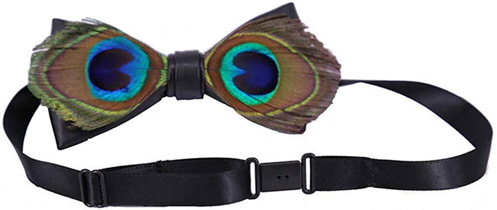 Pre-Tied Peacock Bow Tie Natural Feathers Bowtie Adjustable Length Necktie