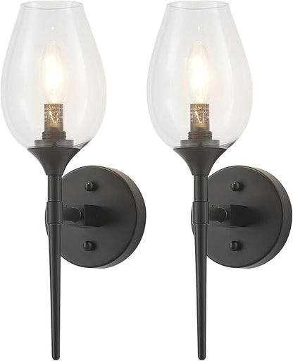 Modern Black Wall Sconces Set of 2, Glass Wall Sconces for Bedroom, Industrial Sconce Wall Lighting for Entryway Bathroom Living Room Stairway