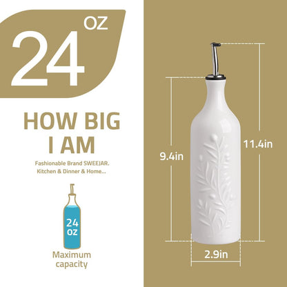 Sweejar Large Olive Oil Dispenser Bottle with Spout, 24 Oz Ceramic Oil Dispenser for Kitchen, Relief Opaque Oil Cruet, Oil Container for Cooking, EVOO, Avocado Oil, Vinegar, Pack of 1 (White)