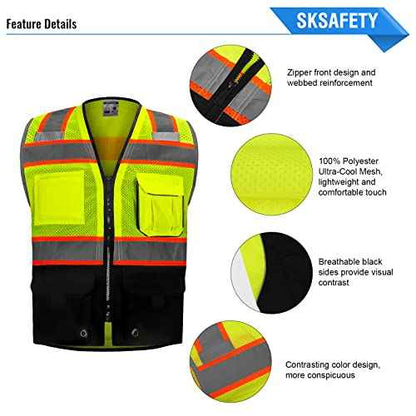 SKSAFETY 10 Pockets Professional level Safety Vest, Class 2 High Visibility Security Vest with Zipper, Hi Vis Vest with Reflective Strips, ANSI/ISEA Standard, Construction Work Vest£¨Lime Black, 3XL£©