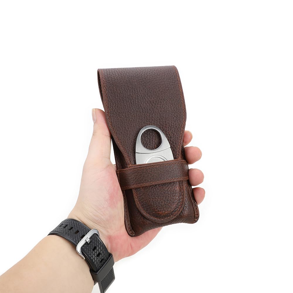 CONTACTS Full Grain Leather Small Cigar Case Travel 3 Slot Cigars Humidor Pouch Portable Cigar Accessories Organizer with Cigar Cutter Slot by Handmade